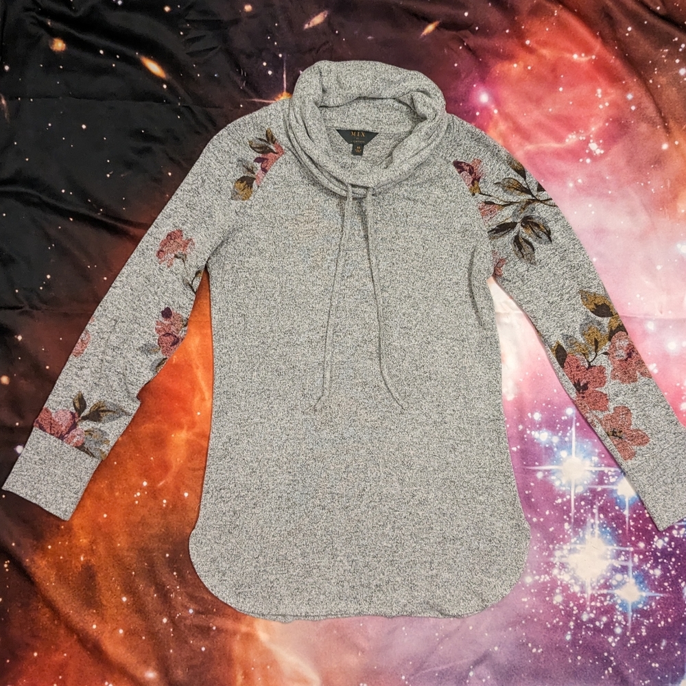 🌺 Mix by 41 Hawthorn Gray Cowl Neck Floral Sleeve Light Pullover Size XS